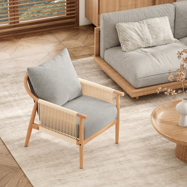 English Elm Braid Armchair Mid Century Modern Linen Wood Accent Chair with Ergonomic Support and Plush Cushioning Grey T3623P409105
