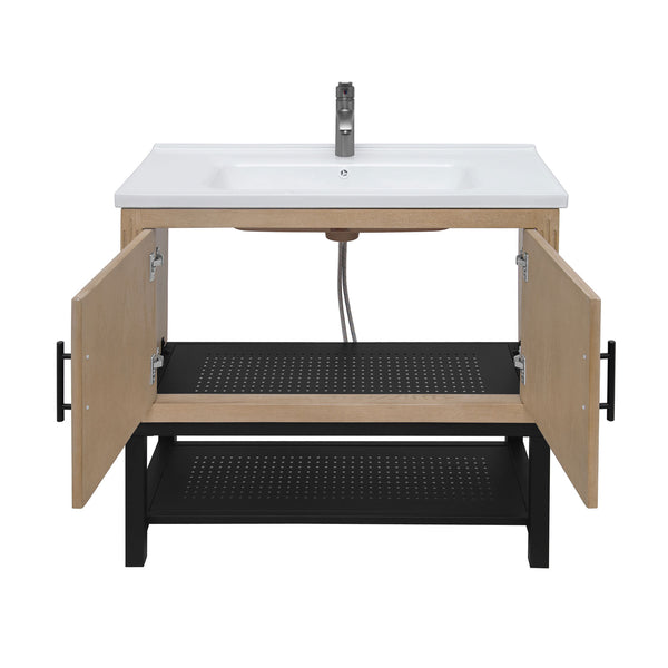 English Elm 36" Freestanding Bathroom Vanity with White Ceramic Sink, Adjustable Feet, Metal Hinges, Shelf Natural W688P224379