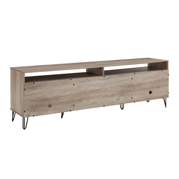 English Elm Dumbo 85" Fluted TV Stand with Gold Legs, 2 Drawers & 6 Shelves, Wire Management, Easy Snap Assembly Grey B365P397926