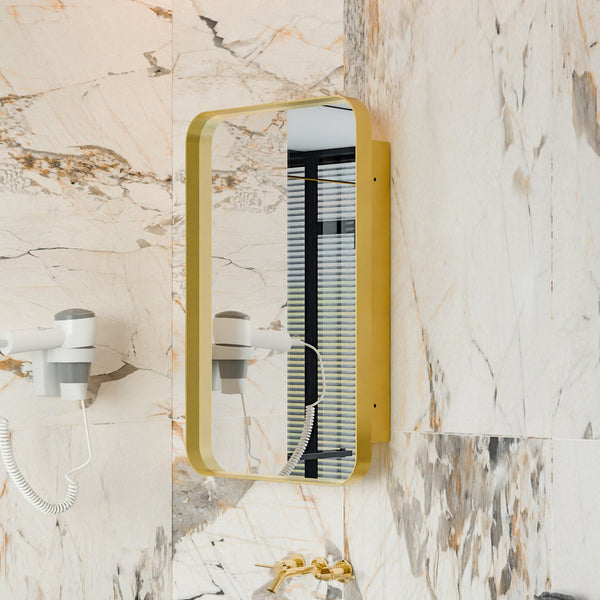 English Elm 20x30 Recessed Metal Framed Medicine Cabinet Mirror in Matte Gold with Adjustable Shelves, Elegant Bathroom Storage W1435P312259