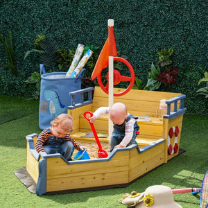 English Elm Outsunny Cedar Wood Pirate Ship Sandbox with Bench Seating and Storage for Kids W2225P217337