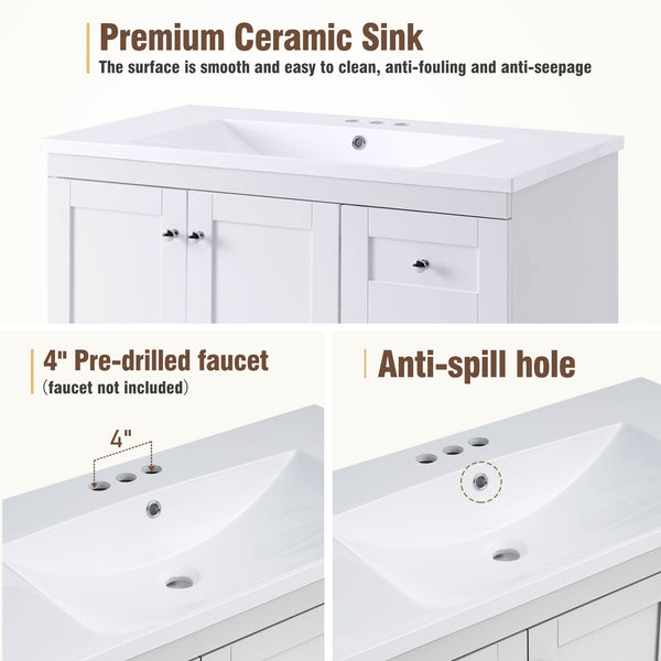 English Elm 72 Shaker Bathroom Vanity 72" Double-Sink Freestanding with Ceramic Basin, Soft-Close Drawers & Doors White N729P000010K
