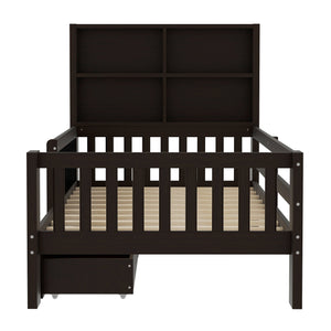 English Elm Twin Chalkboard Platform Bed with Drawers & Shelves, Solid Wood Kids Bed with Storage and Creative Headboard Espresso W1580P362705