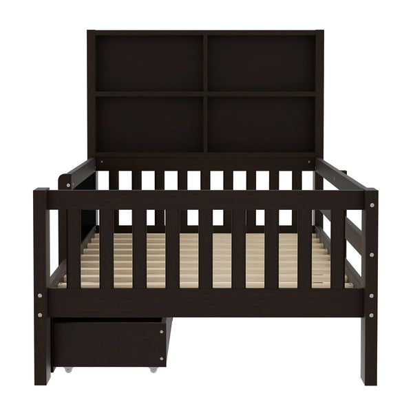 English Elm Twin Chalkboard Platform Bed with Drawers & Shelves, Solid Wood Kids Bed with Storage and Creative Headboard Espresso W1580P362705