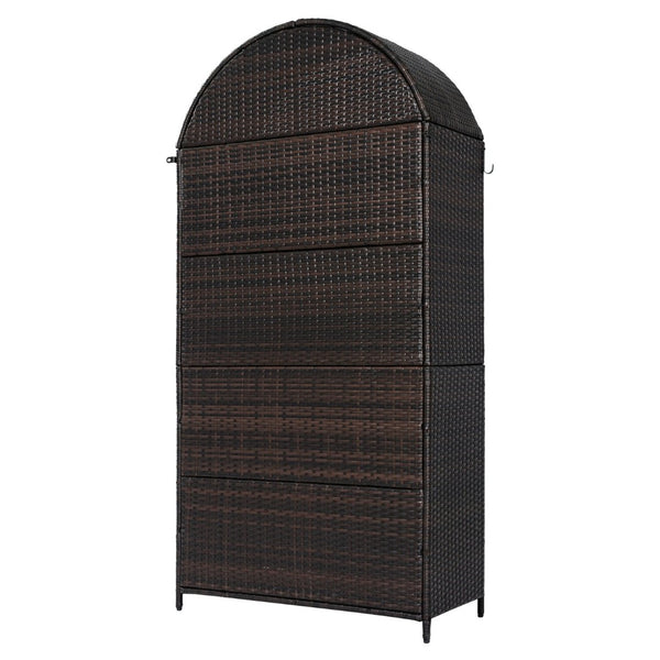 English Elm K&k Tall Arched Pe Rattan Outdoor Storage Cabinet with Adjustable Shelves and Steel Frame Brown+Black N707P420158D