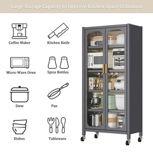 English Elm 65" Metal Pantry Cabinet with Transparent Doors, 6-Tier Adjustable Shelves, Locking Wheels, Gray W3204P300623