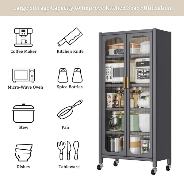 English Elm 65" Metal Pantry Cabinet with Transparent Doors, 6-Tier Adjustable Shelves, Locking Wheels, Gray W3204P300623