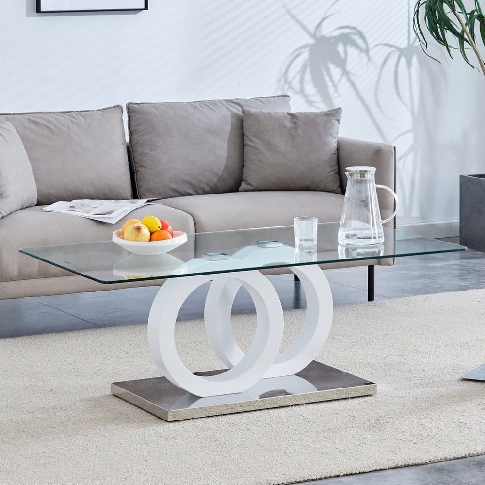 English Elm Contemporary Glass Top Coffee Table with Dual Circle White Mdf Base for Living Room W3875P397147