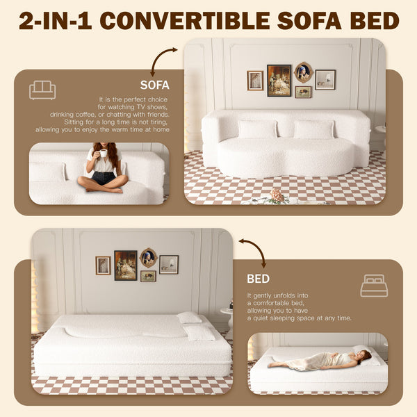 English Elm Modern Full Size Folding Sofa Bed with Teddy Fabric, Foam-Filled 15" Sleeper, 2 Pillows, No Assembly Required Beige+White W1885P272259