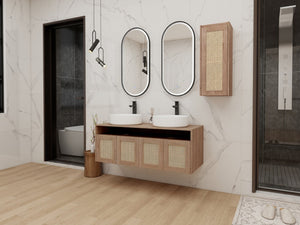 English Elm 48" Floating Bathroom Vanity Oak Finish Dual Ceramic Sinks Four Soft Close Doors W999S00498