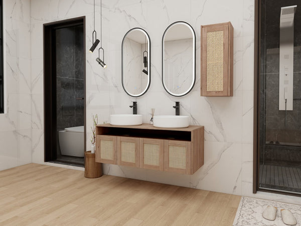 English Elm 48" Floating Bathroom Vanity Oak Finish Dual Ceramic Sinks Four Soft Close Doors W999S00498