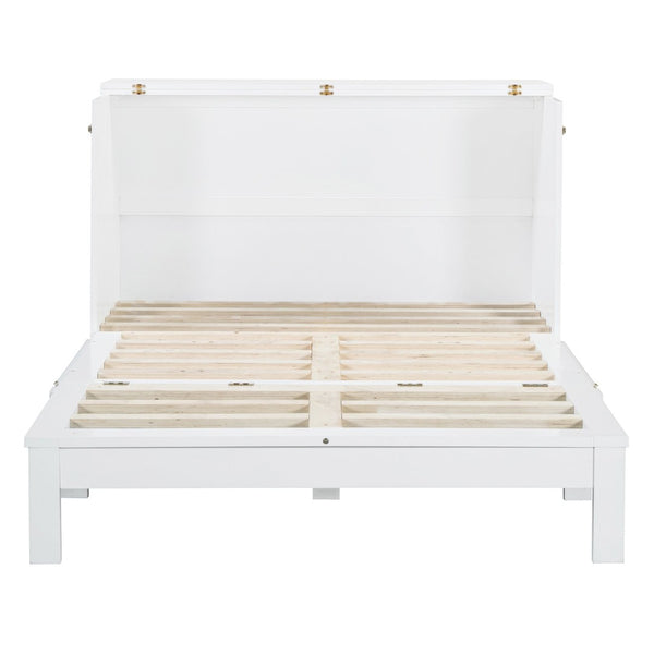 English Elm Full Size Murphy Bed Rattan Cabinet with Storage Drawers and Gold Hardware White N708S00009K