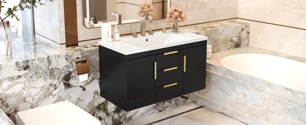 English Elm 36'' Wall Mounted Bathroom Vanity with Sink, Floating MDF Cabinet, 2 Drawers, Rust-Resistant Handles Black N710P253035B