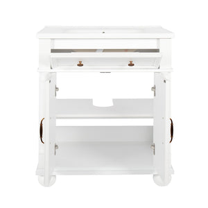 English Elm 27.8" Mid-century Freestanding Bathroom Vanity with Ceramic Sink Drawer and Wood Base White W1801S00006