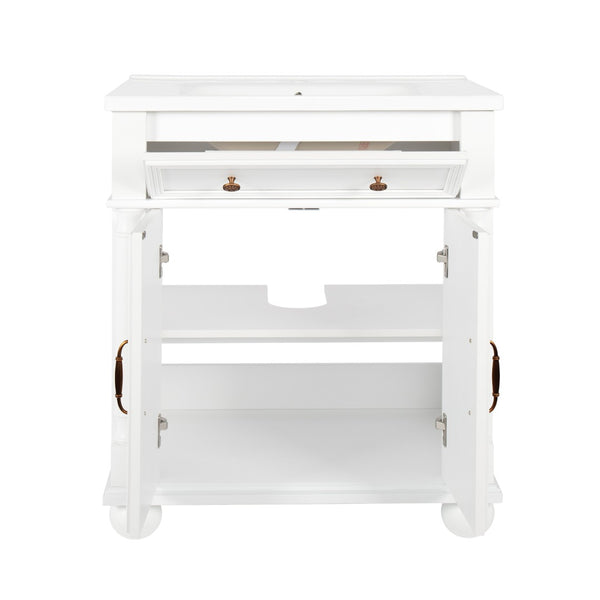 English Elm 27.8" Mid-century Freestanding Bathroom Vanity with Ceramic Sink Drawer and Wood Base White W1801S00006