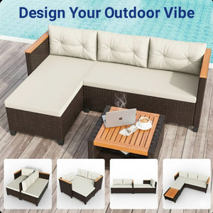 English Elm 3-piece Outdoor Pe Rattan L-shaped Sectional with Acacia Storage Table for Patio Beige+Brown B082P455128
