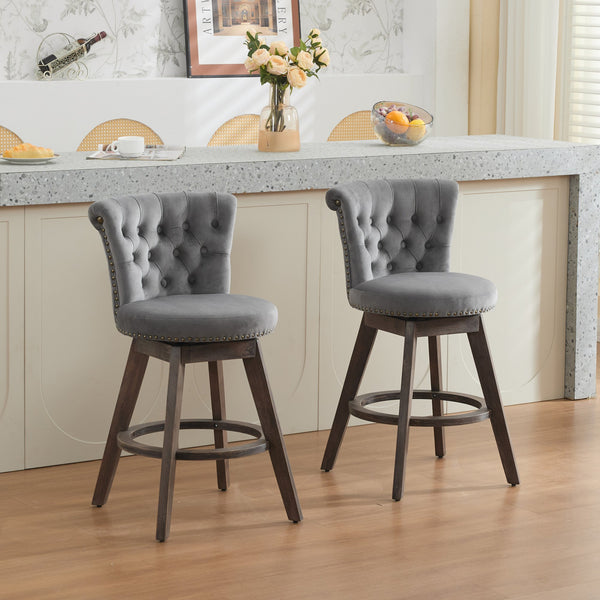 English Elm 26" Plush Velvet Swivel Counter Stools Set of 2 with Tufted Back, High-Res Foam & Sturdy Wood Legs Gray W1143P362519