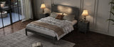 English Elm Farmhouse Wooden Platform Queen Size Bed, Modern Platform Bed With Two Bedside Lights, Antique Gray