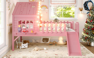 English Elm Twin Playhouse Loft Bed Solid Pine Frame with Slide Led Lights and Star Roof Pink W5316S00006