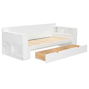 English Elm Queen Daybed with Hydraulic Desk Storage Drawers and Convertible Sofa for Small Spaces White LT000272AAK