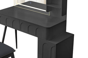 English Elm Modern Makeup Vanity Desk with Slide-Out Cabinet, LED Mirror, 4 Soft-Close Drawers & Cushioned Stool Black N844P257529B