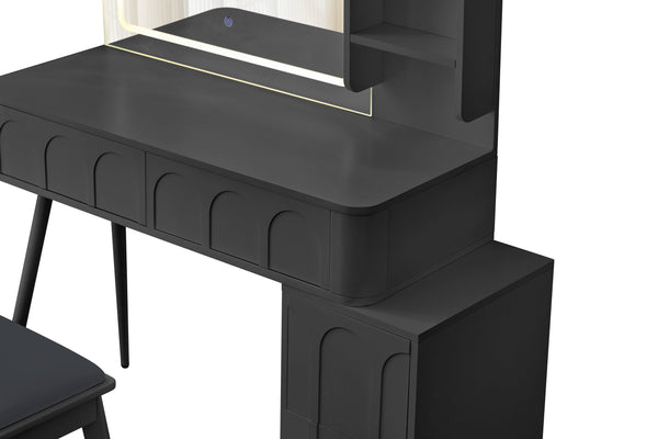 English Elm Modern Makeup Vanity Desk with Slide-Out Cabinet, LED Mirror, 4 Soft-Close Drawers & Cushioned Stool Black N844P257529B