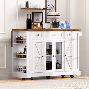 English Elm K&K 53" Farmhouse Kitchen Island with Drop Leaf, Tempered Glass Doors, Power Outlet, Rolling Cart White N707P263637W