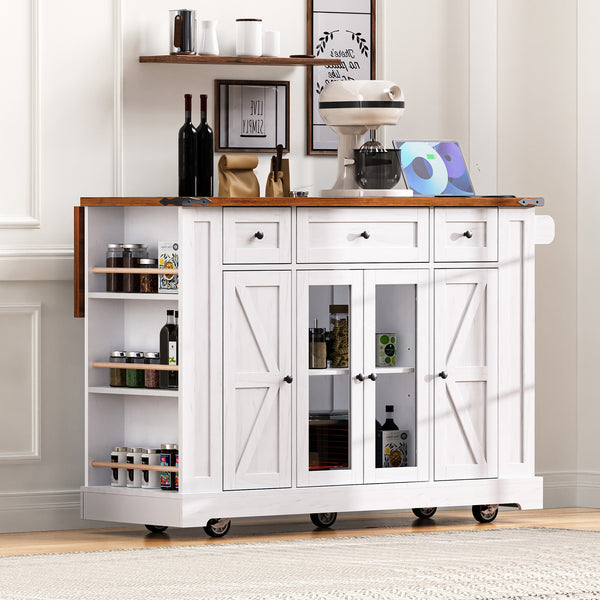 English Elm K&K 53" Farmhouse Kitchen Island with Drop Leaf, Tempered Glass Doors, Power Outlet, Rolling Cart White N707P263637W