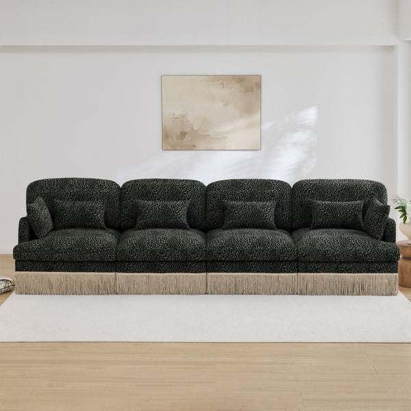 English Elm 131" Chenille Leopard Sectional Sofa Modular 4 Seat Deep Cushion Tassel Trim Green W5656S00034