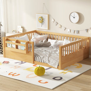 English Elm Twin Low Profile Kids Floor Bed Pine Wood Frame with Safety Rail and Built in Bookshelf Natural W1580P373141