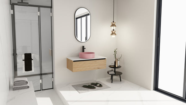 English Elm 36'' Floating Wall Mounted Vanity with Art Ceramic Vessel Sink and Soft Close Drawer W999S00364