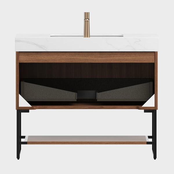 English Elm YOLAN 36" Bathroom Vanity with Integrated Solid Surface Basin, Pre-Assembled Plywood Cabinet, Soft-Close Drawer and Open Towel Shelf Black,Carrara White,Dark Walnut,White W2615S00375