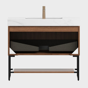 English Elm Dina Floating Bathroom Vanity Sintered Stone Top Glass Basin Striped Plywood Cabinet W2615S00370