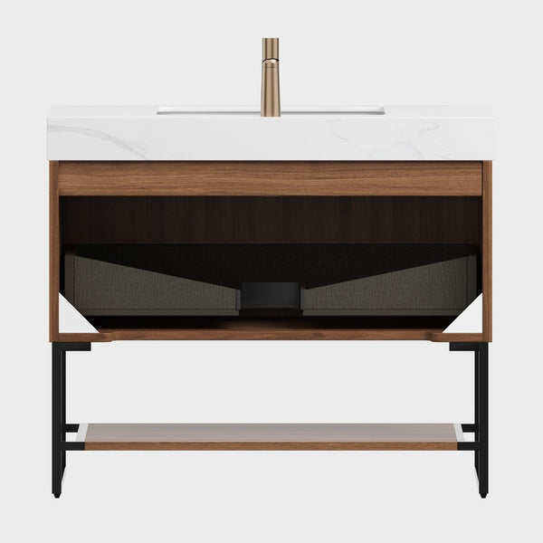 English Elm Dina Floating Bathroom Vanity Sintered Stone Top Glass Basin Striped Plywood Cabinet W2615S00370