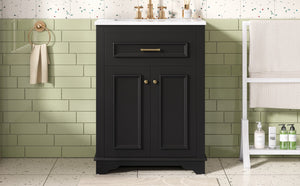 English Elm 24" Matte Single Sink Vanity Solid Poplar Frame Gold Hardware Soft Close Cabinet Black N710P389449B