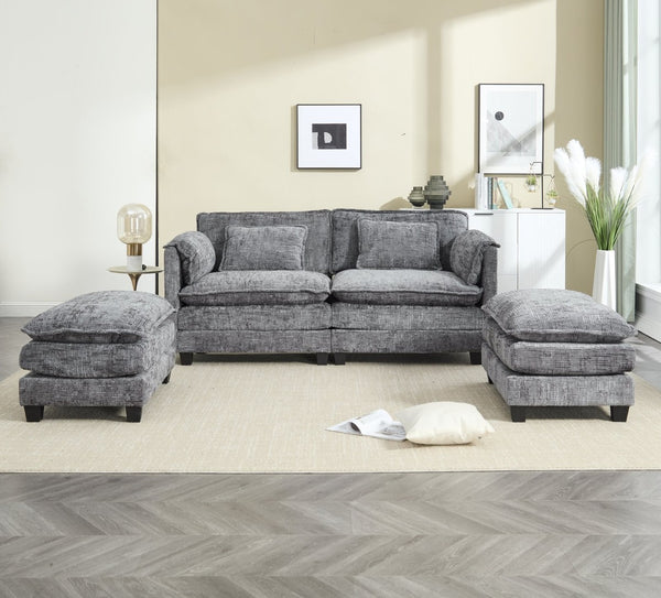 English Elm United Cozy Two-Seat Sofa With Chenille Fabric, Detachable Armrests, Footstools & Side Pockets W1568S00142-GIGA