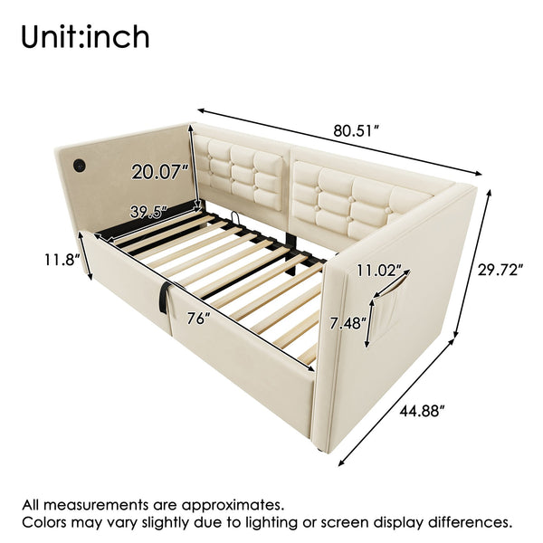 English Elm Upholstered Twin Daybed with Hydraulic Storage, Velvet Tufted Sofa Back, USB & Type-C Charging Port Beige N736P303402B