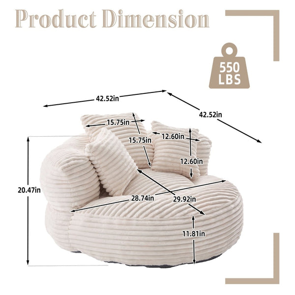 English Elm Bean Bag Sofa Oversized Corduroy Floor Lounge Chair with Armrests Pillows Foam Fill Beige W395P426811
