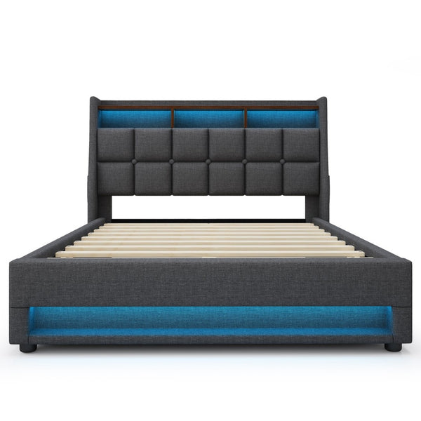 English Elm (=aa20690910g) Queen Upholstered Storage Bed with Led Lighting and Headboard Charging Ports AA20690910G-1