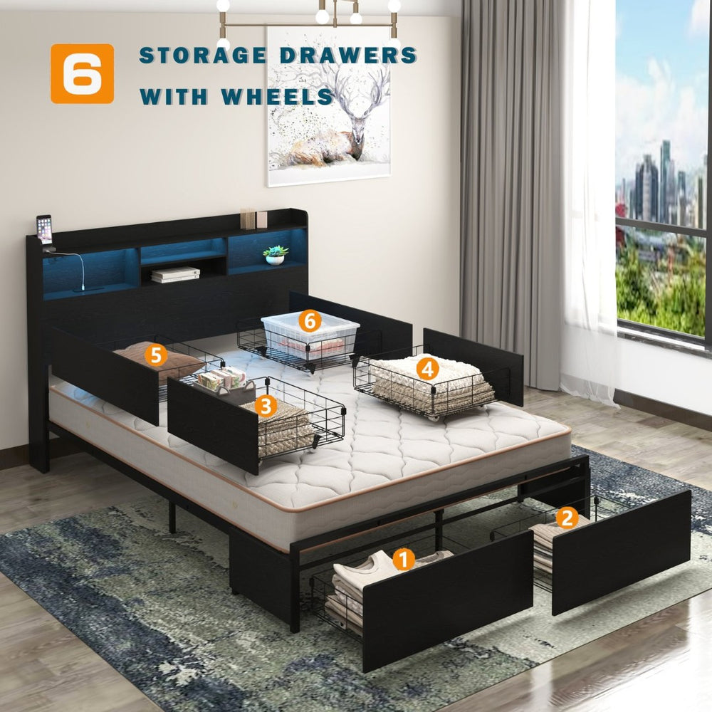 English Elm Queen Bed Frame With 6 Drawers, Headboard Charging Station, No Box Spring Needed, Noiseless Design W2129P387061-GIGA