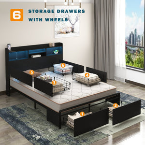 English Elm Queen Bed Frame With 6 Drawers, Headboard Charging Station, No Box Spring Needed, Noiseless Design W2129P387061-GIGA