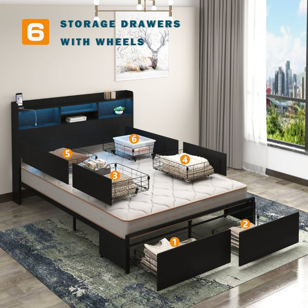 English Elm Queen Bed Frame With 6 Drawers, Headboard Charging Station, No Box Spring Needed, Noiseless Design W2129P387061-GIGA