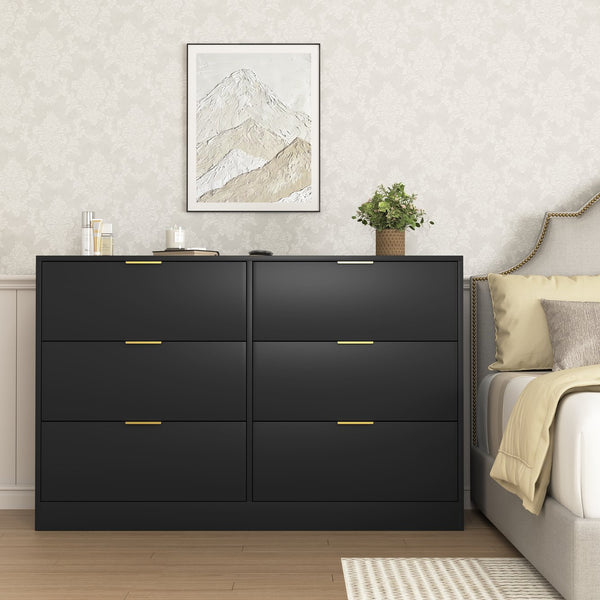 English Elm Simply Modern 6-Drawer Dresser with Spacious Drawers, Durable Engineered Wood, Sleek Minimalist Design Black W409P307554