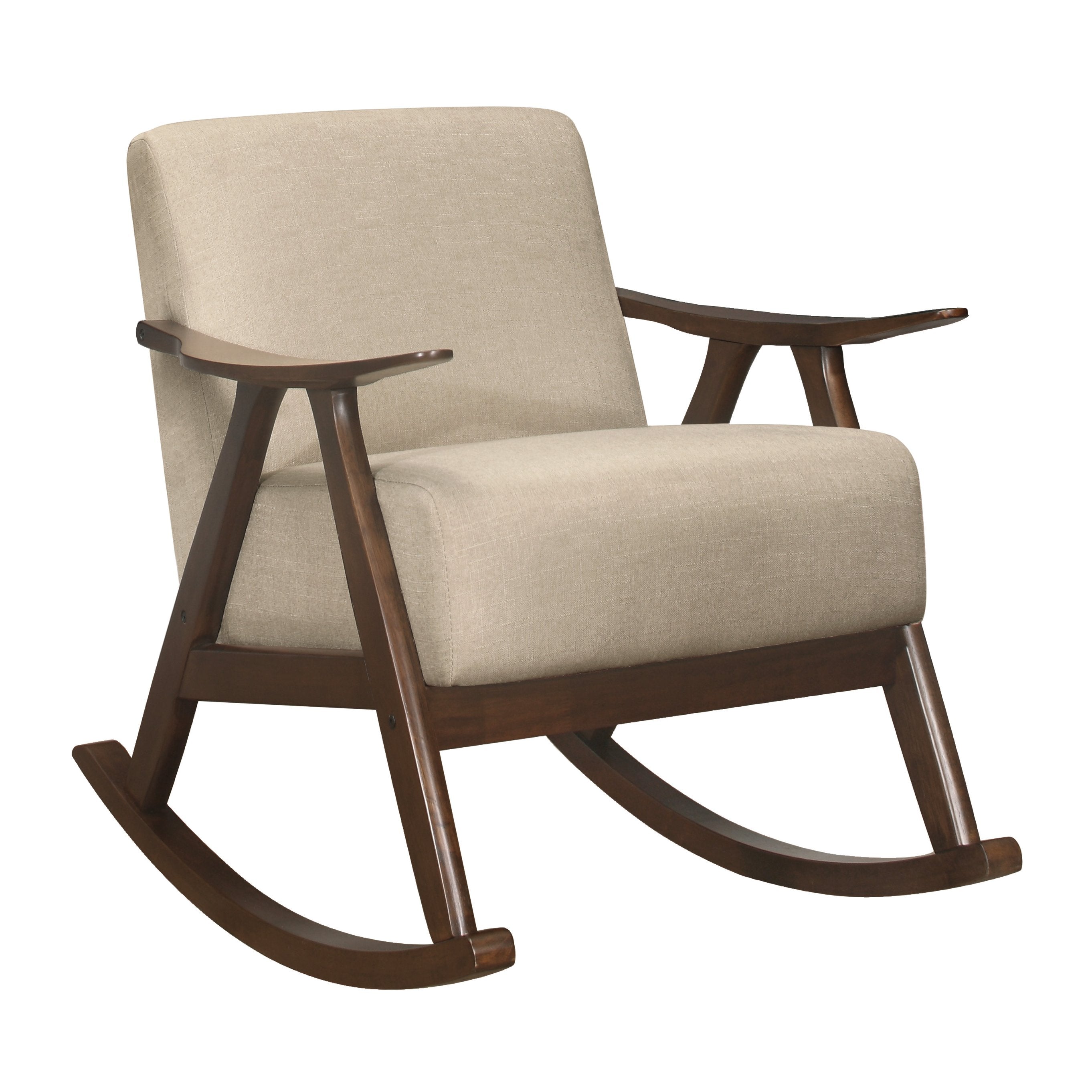 Modern Rocking Chair in Light Brown Fabric - Elegant Dark Walnut Frame