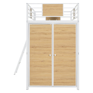 English Elm Twin Loft Bed with L-Shaped Desk and Wardrobe — Space-Saving Iron & Wood Design for Study & Storage White SF000168AAK