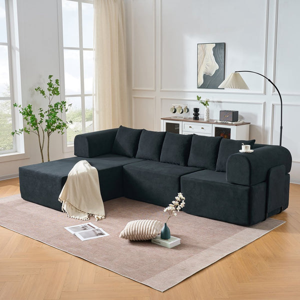English Elm 106" Modular Sectional Sofa with Deep Seat Velvet Upholstery, Boneless L Shaped Chaise, 5 Pillows, No Assembly Required Black W3163S00043