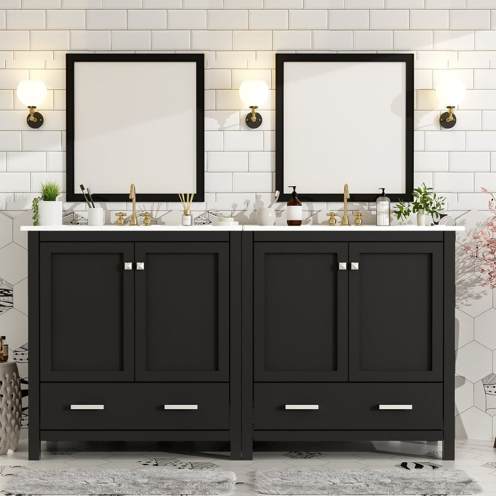 English Elm Modern 48 Inch Freestanding Bathroom Vanity Dual Ceramic Sinks Soft Close Gold Handles Black N729P000001B