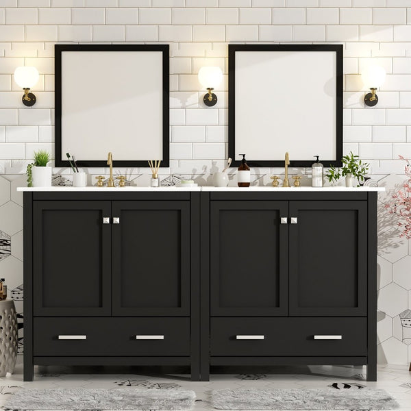 English Elm Modern 48 Inch Freestanding Bathroom Vanity Dual Ceramic Sinks Soft Close Gold Handles Black N729P000001B