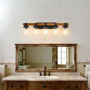 English Elm 5-light Matte Black Wood Accent Vanity Bar with Clear Glass Shades for Bath or Kitchen W5008P388945
