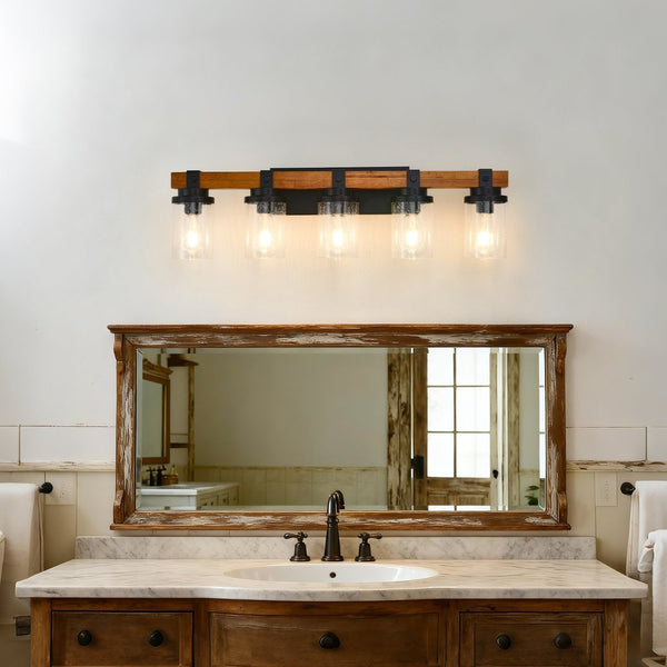 English Elm 5-light Matte Black Wood Accent Vanity Bar with Clear Glass Shades for Bath or Kitchen W5008P388945